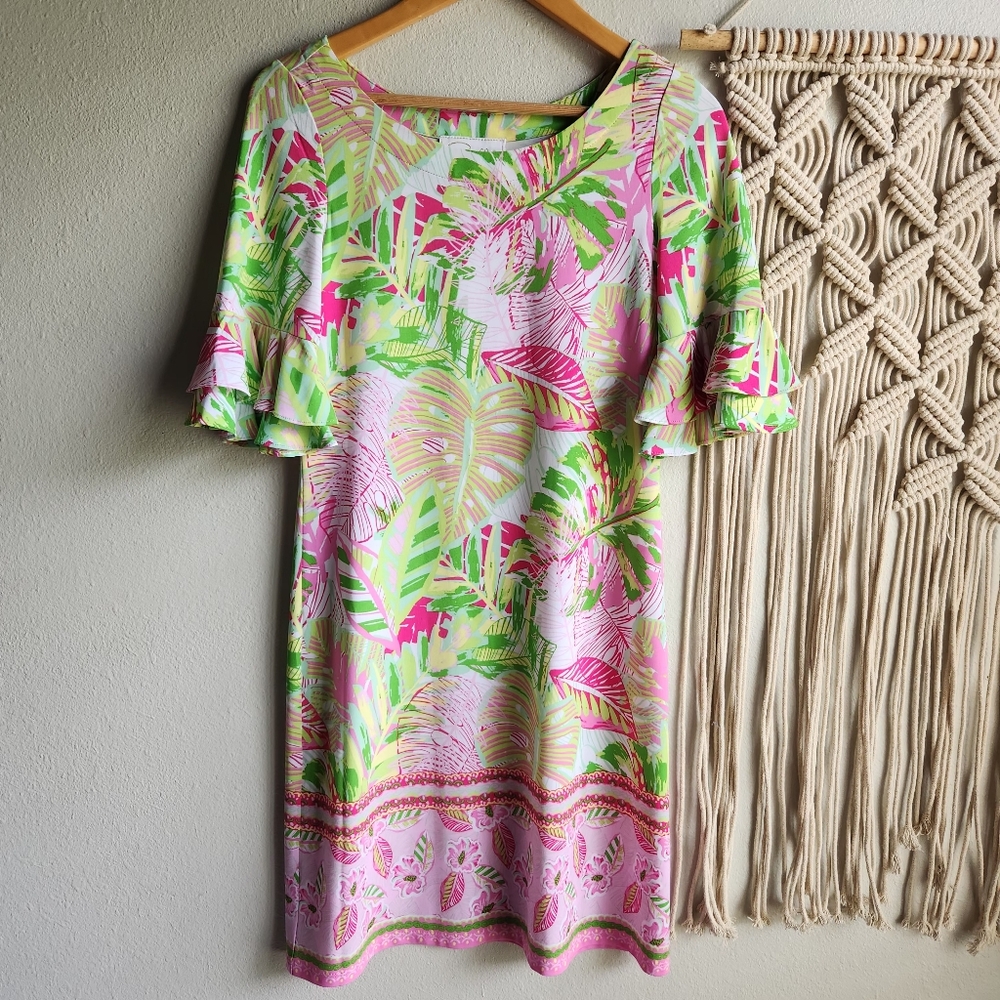 Pappagallo Tropical Palm Print Dress‎ | Flutter Sleeves Pink Green | Size S